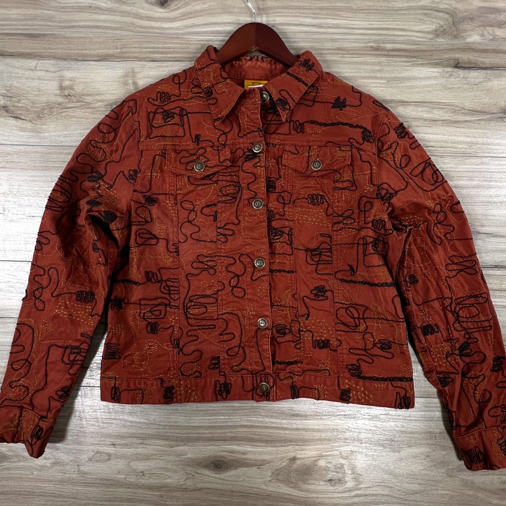 Ruby Rd Denim Jacket Womens 16 Rust Orange Embroidered Stretch Cotton Trucker
